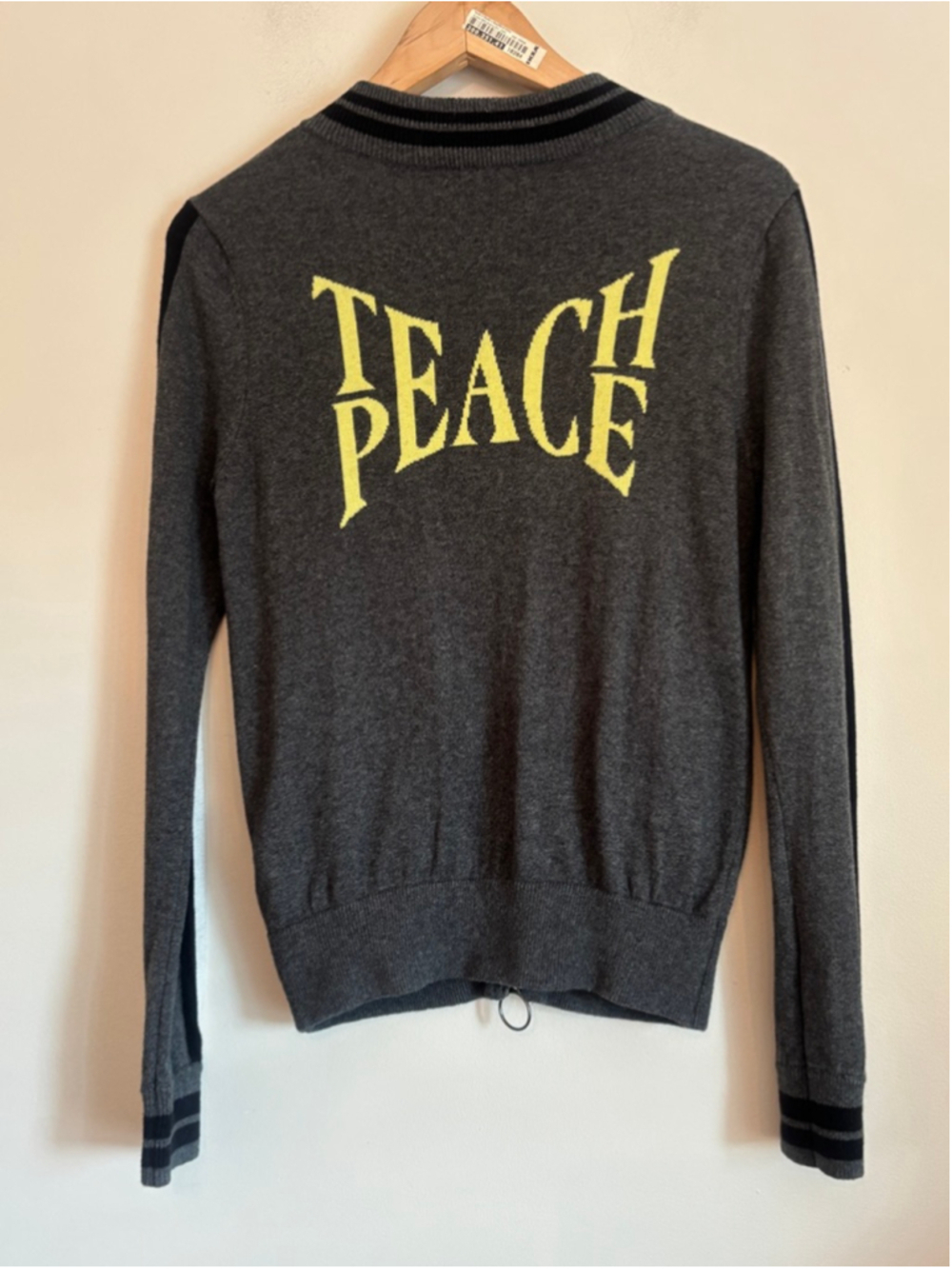 LISA TODD Gray Knit Teach Peace Cardigan Womens Size Small Modern Whimsical
